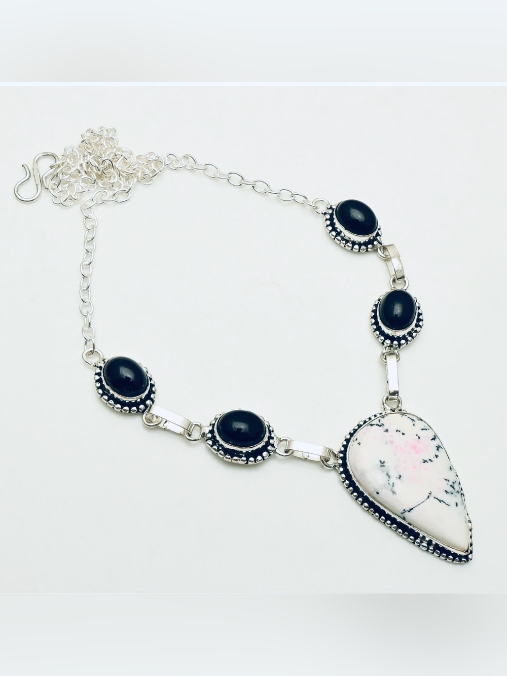 Artisan Ethnic Handcrafted Black Onyx & White Howlite Teardrop Link Necklace